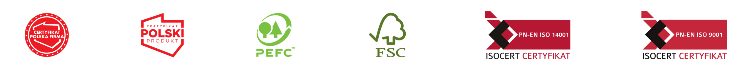 Logotypy - Polski Produkt - Polska Firma - PEFC - FSC - ISO